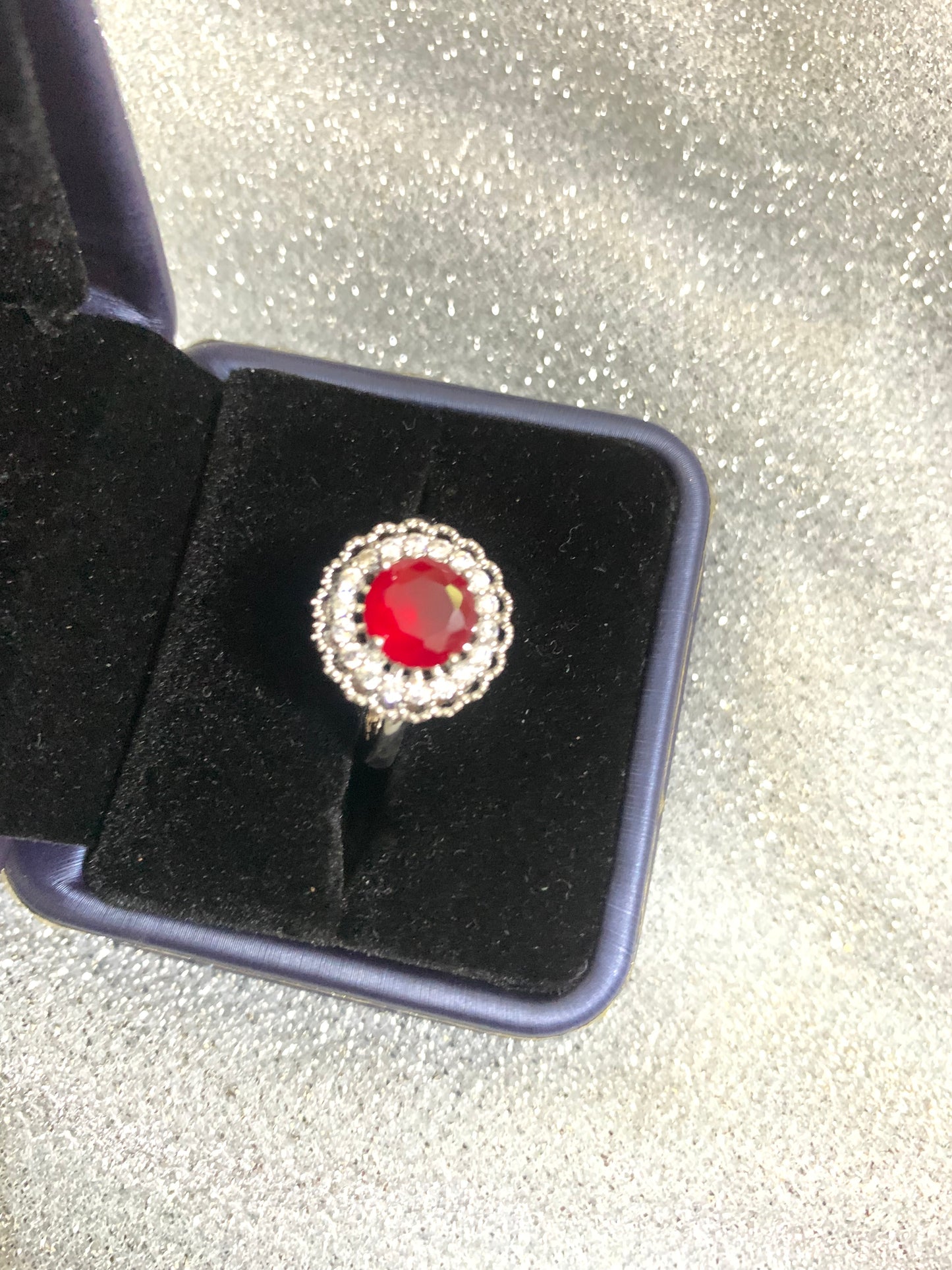 Red ruby diamanté ring with silver band