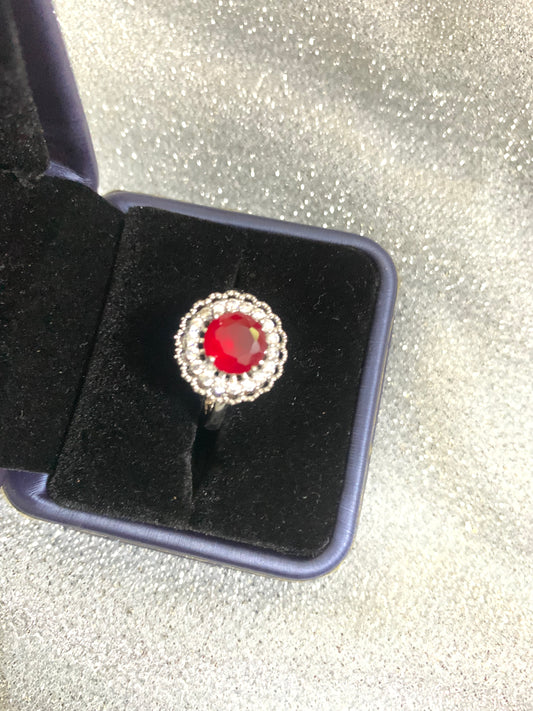 Red ruby diamanté ring with silver band
