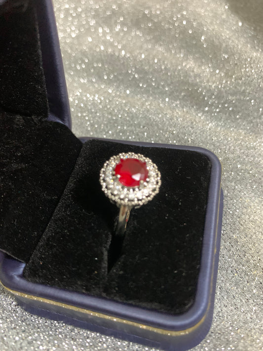 Red ruby diamanté ring with silver band